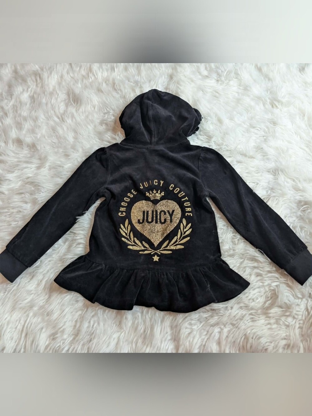Juicy Couture Black Girls' Hooded Velour Jacket with Gold Heart Logo Vintage Y2k